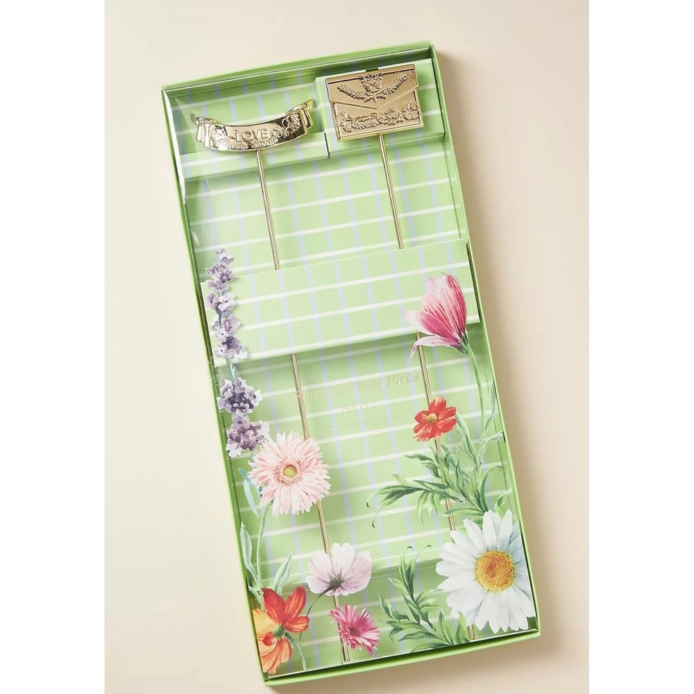 Anthropologie New Floral Plant Picks Set of 2 Gold Metal Flower Garden Markers